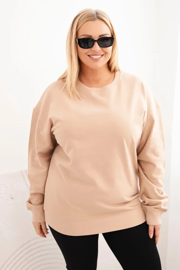 Bluza damska pętelkowa Plus Size bawełniana basic z okrągłym dekoltem beżowa