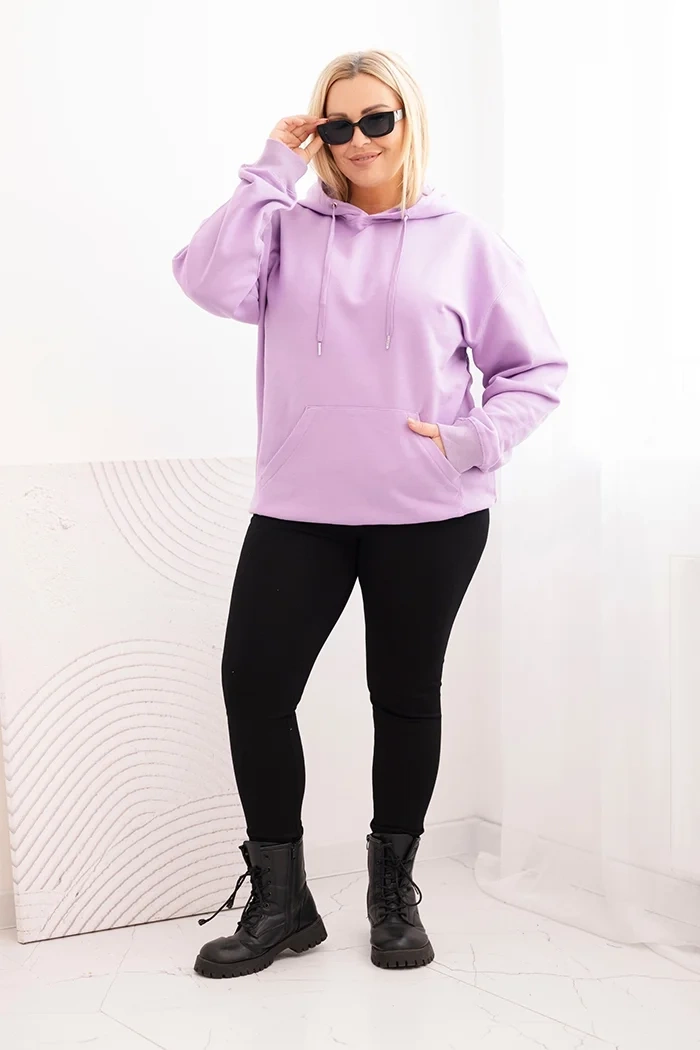 Bluza damska pętelkowa Plus Size bawełniana z kapturem i kieszenią kangurką fioletowa - obrazek 2