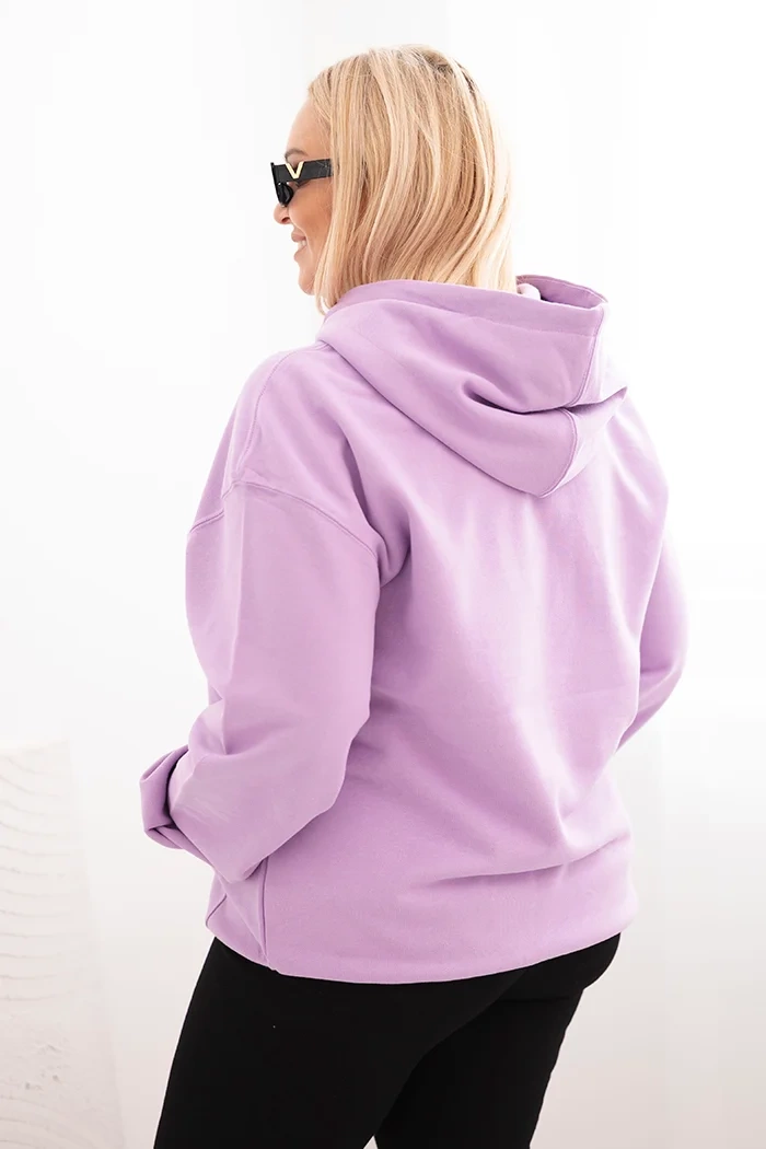 Bluza damska pętelkowa Plus Size bawełniana z kapturem i kieszenią kangurką fioletowa - obrazek 3