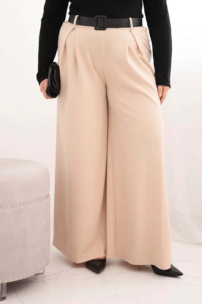 Spodnie damskie Plus Size z szeroką nogawką i paskiem beżowe