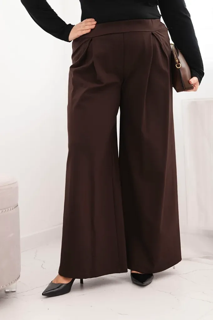 Spodnie damskie Plus Size z szerokimi nogawkami i plisowaniem brązowe
