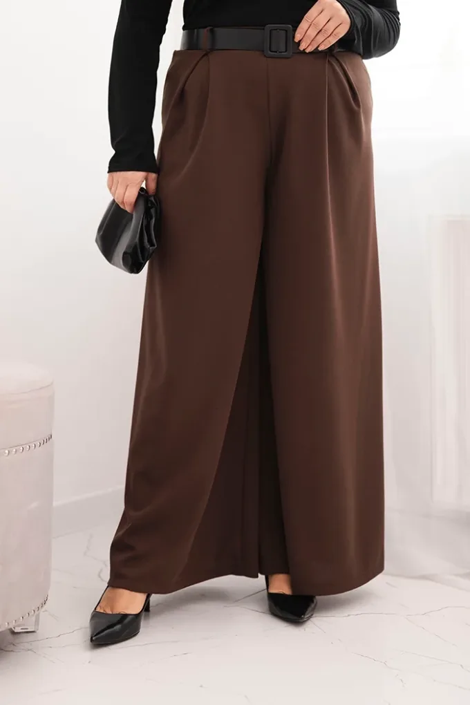 Spodnie damskie Plus Size z szeroką nogawką i paskiem brązowe