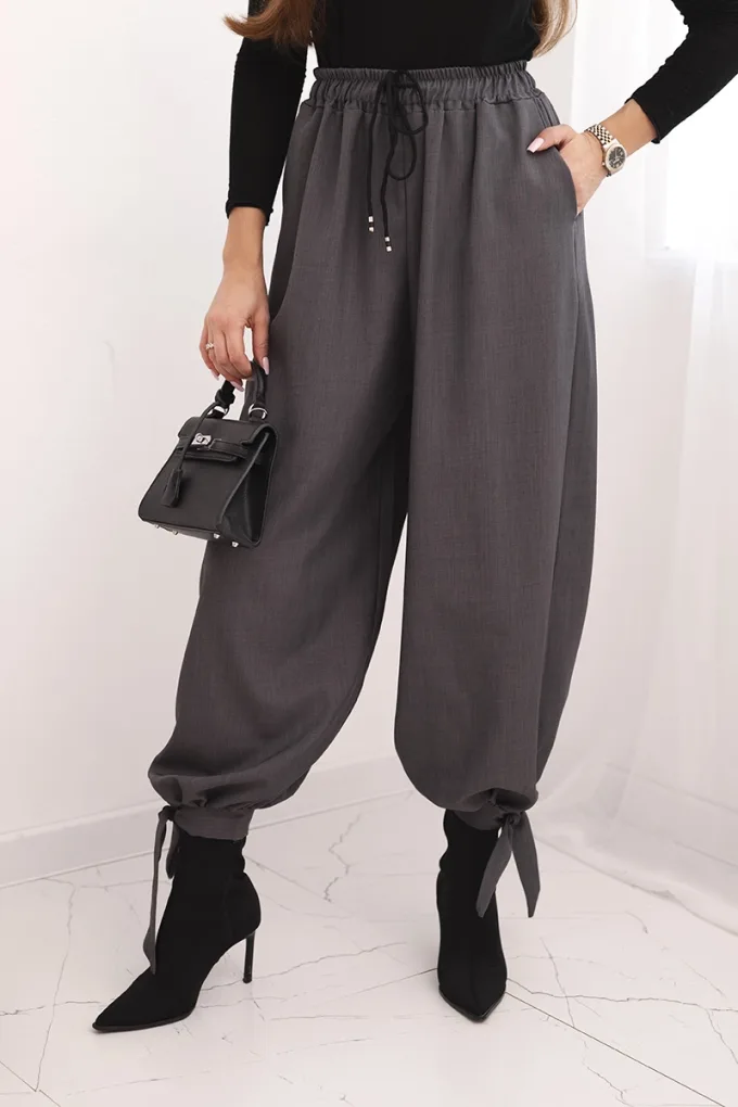 Spodnie damskie z szeroką nogawką i wiązaniem u dołu grafitowe