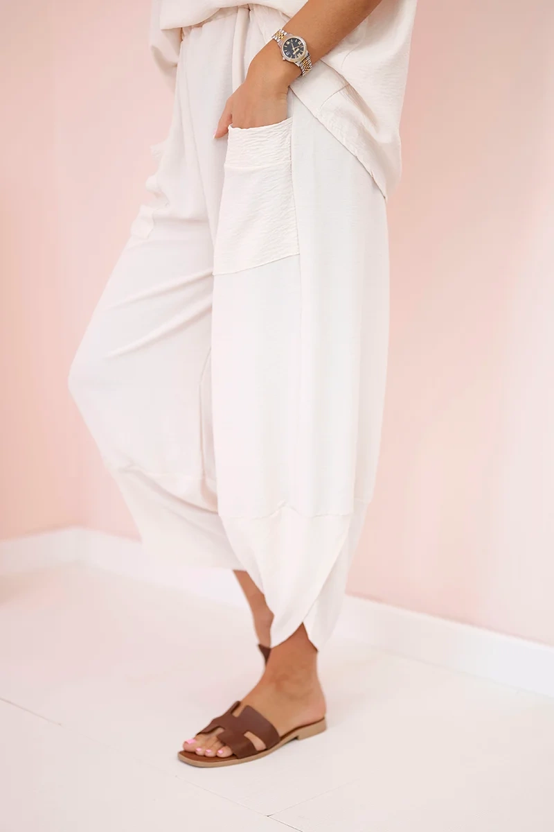 Komplet z wiskozy bluzka + spodnie beżowy - obrazek 4