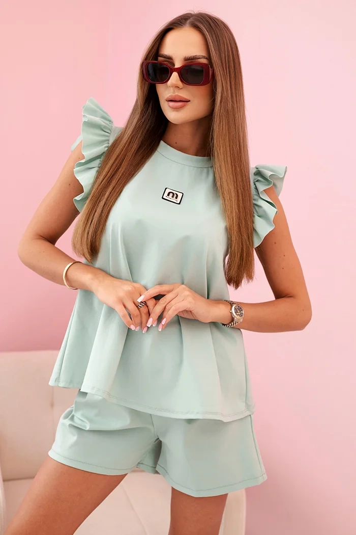 Komplet damski z falbanką – bluzka z krótkim rękawem i szorty z gumką ciemny miętowy