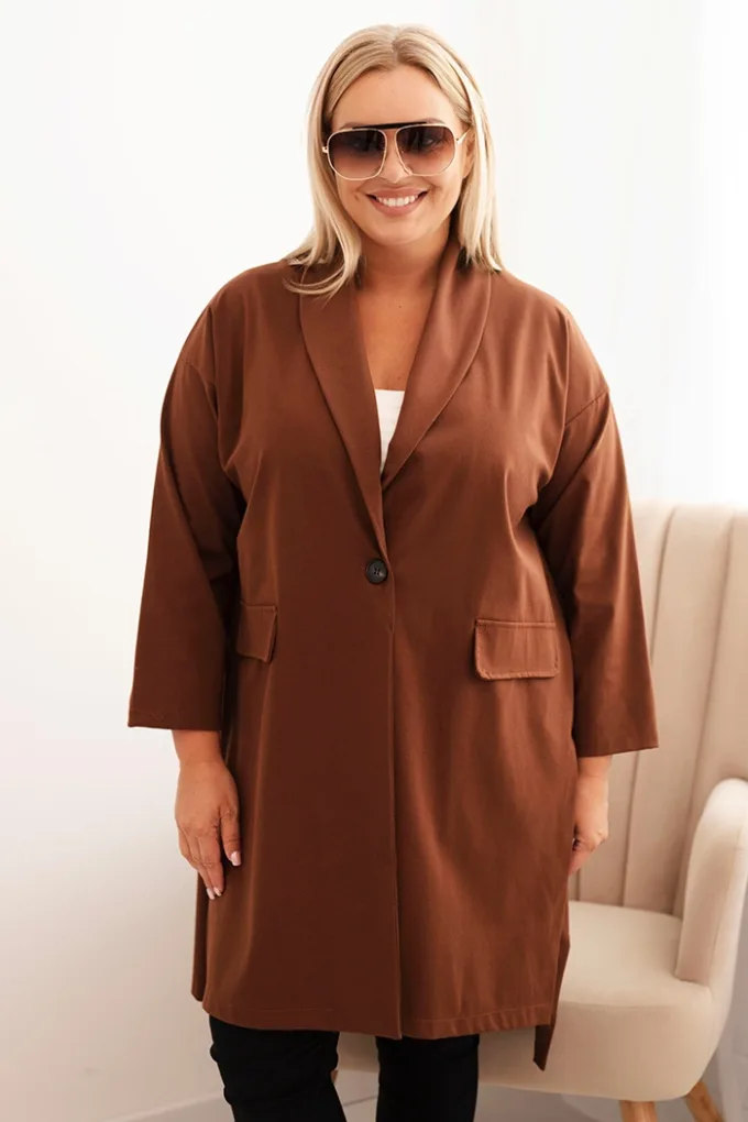 Narzutka damska Plus Size Punto z bawełną zapinana na guzik czekoladowa