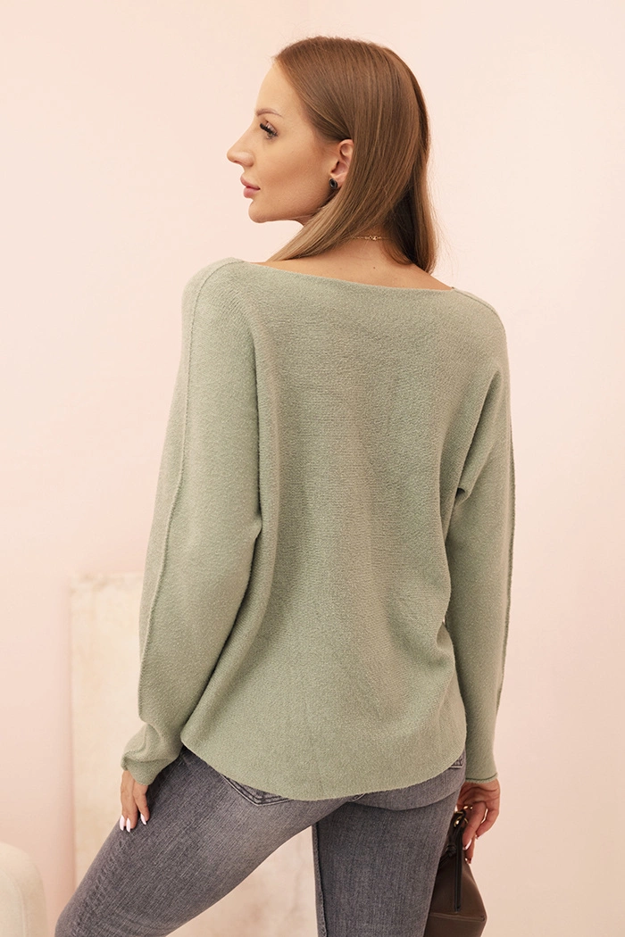 Sweter damska z wiskozą z dekoltem w serek jasny khaki - obrazek 2