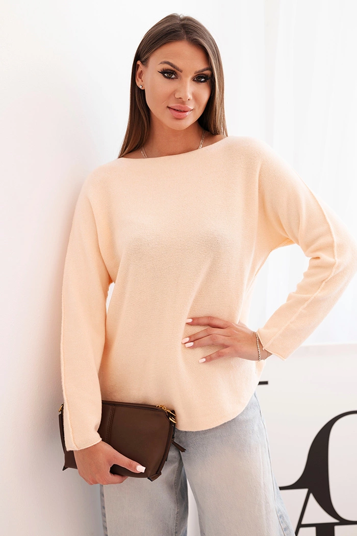 Sweterek damska z wiskozy z długim rękawem i okrągłym dekoltem morelowy