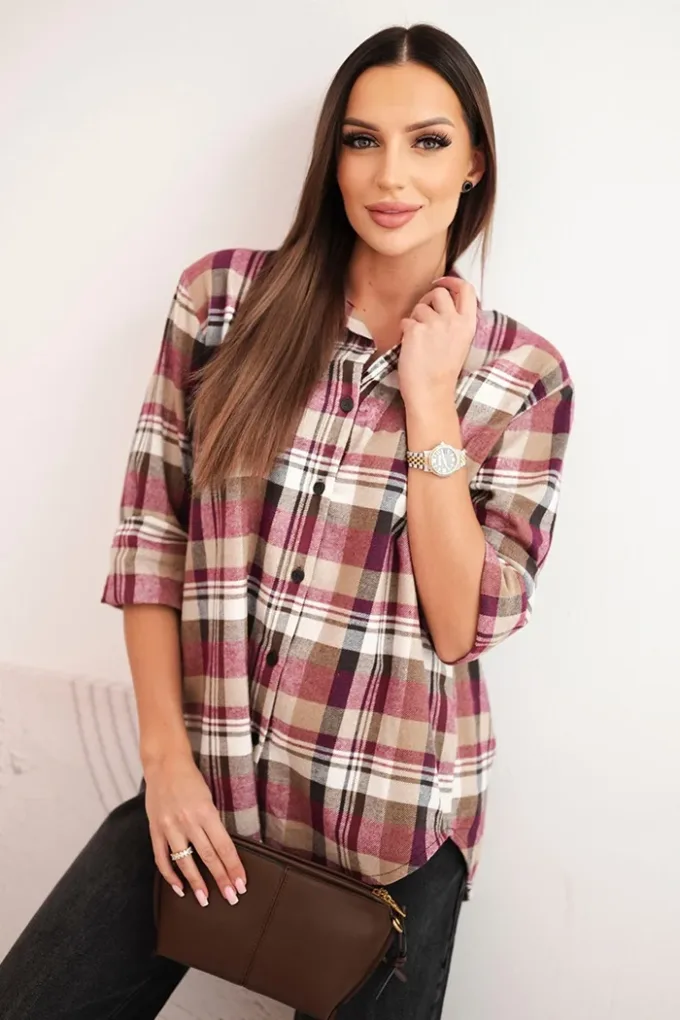 Koszula damska bawełniana w kratę z dłuższym tyłem beżowa