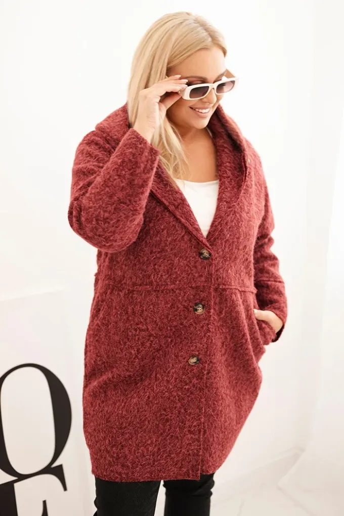 Płaszcz damski Plus Size z kapturem i kieszeniami bordowy