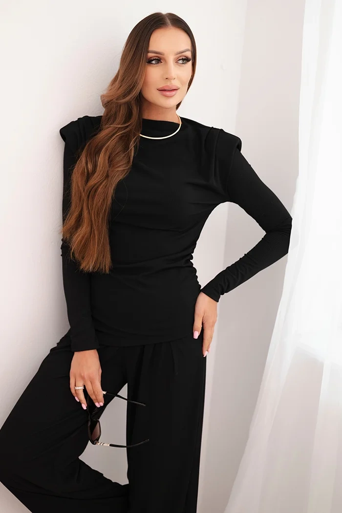 Komplet damski bawełniany z bluzką i spodniami z szeroką nogawką czarny