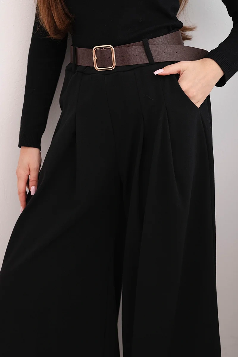 Spodnie damskie z szeroką nogawką i paskiem czarne - obrazek 7
