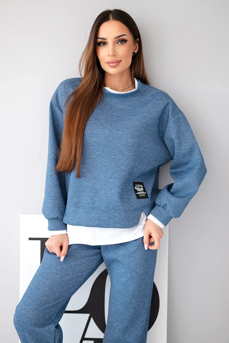 Komplet damski z masełkowy z luźną bluzą i spodniami dresowymi jeansowy melanż