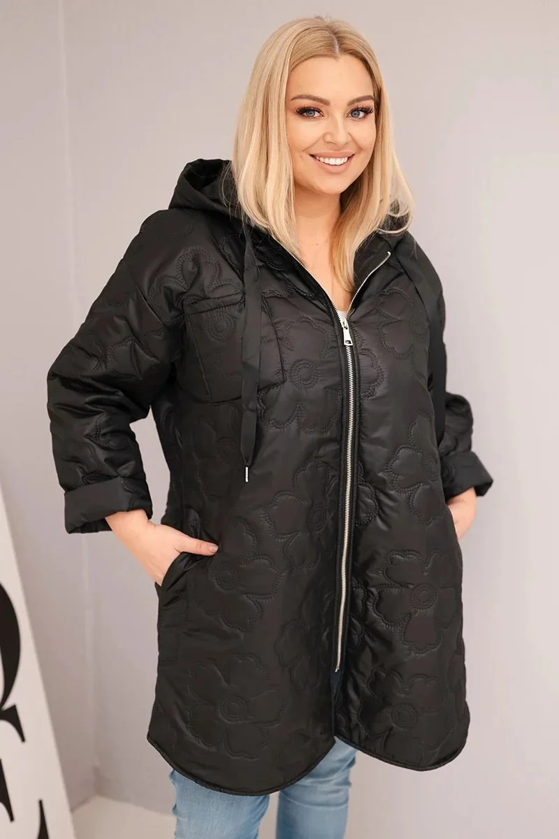 Kurtka damska Plus Size pikowana z kapturem i napisem HOPE czarna