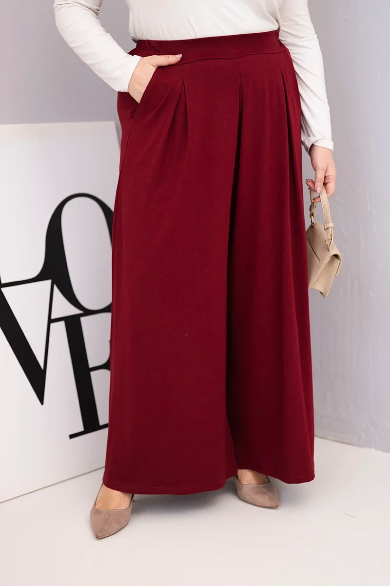 Spodnie damskie bawełniane Plus Size o szerokiej nogawce i luźnym kroju bordowe