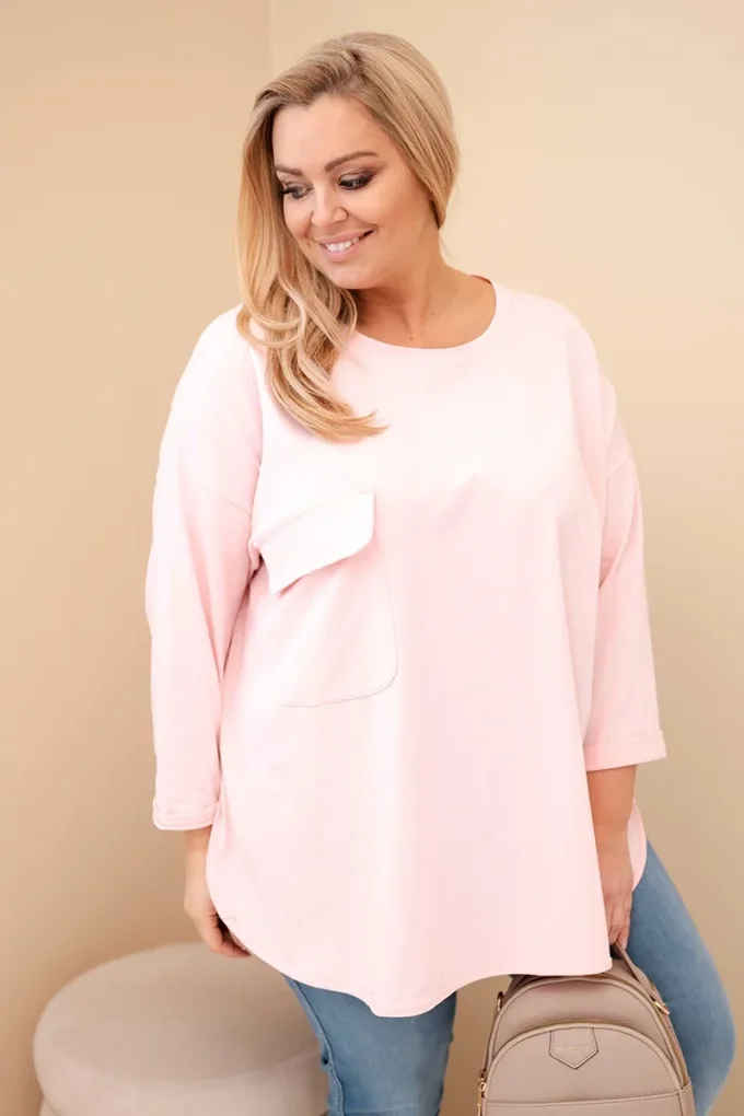 Bluzka damska Plus Size z bawełną z kieszenią i rękawem podwijanym pudrowy róż