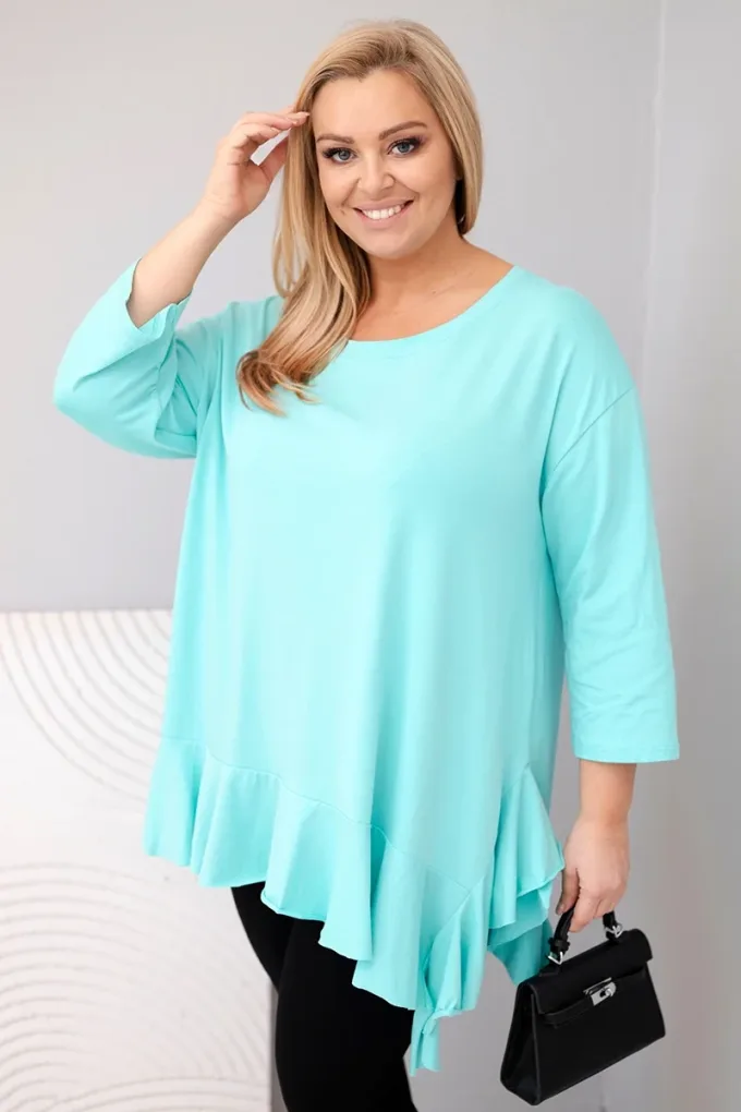 Bluzka damska Plus Size z bawełną z falbaną i rękawem podwijanym miętowa