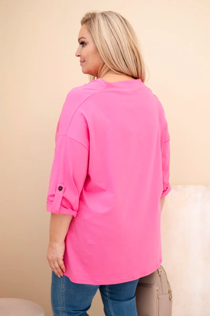 Bluzka damska Plus Size z bawełną o luźnym kroju z dekoltem wodnym jasno różowa - obrazek 3