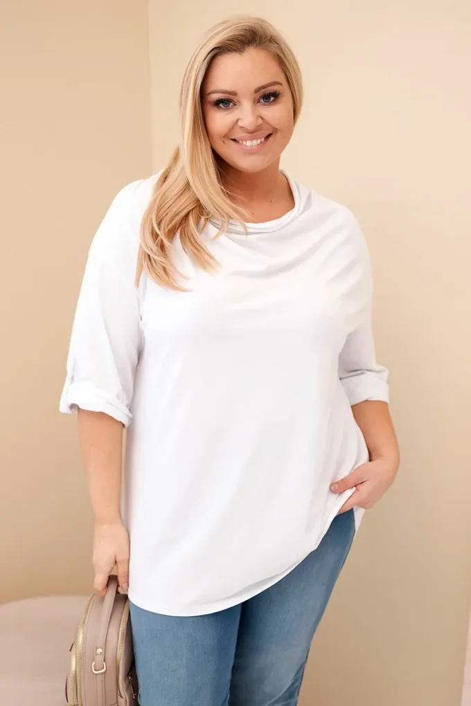 Bluzka damska Plus Size z bawełną o luźnym kroju z dekoltem wodnym biała