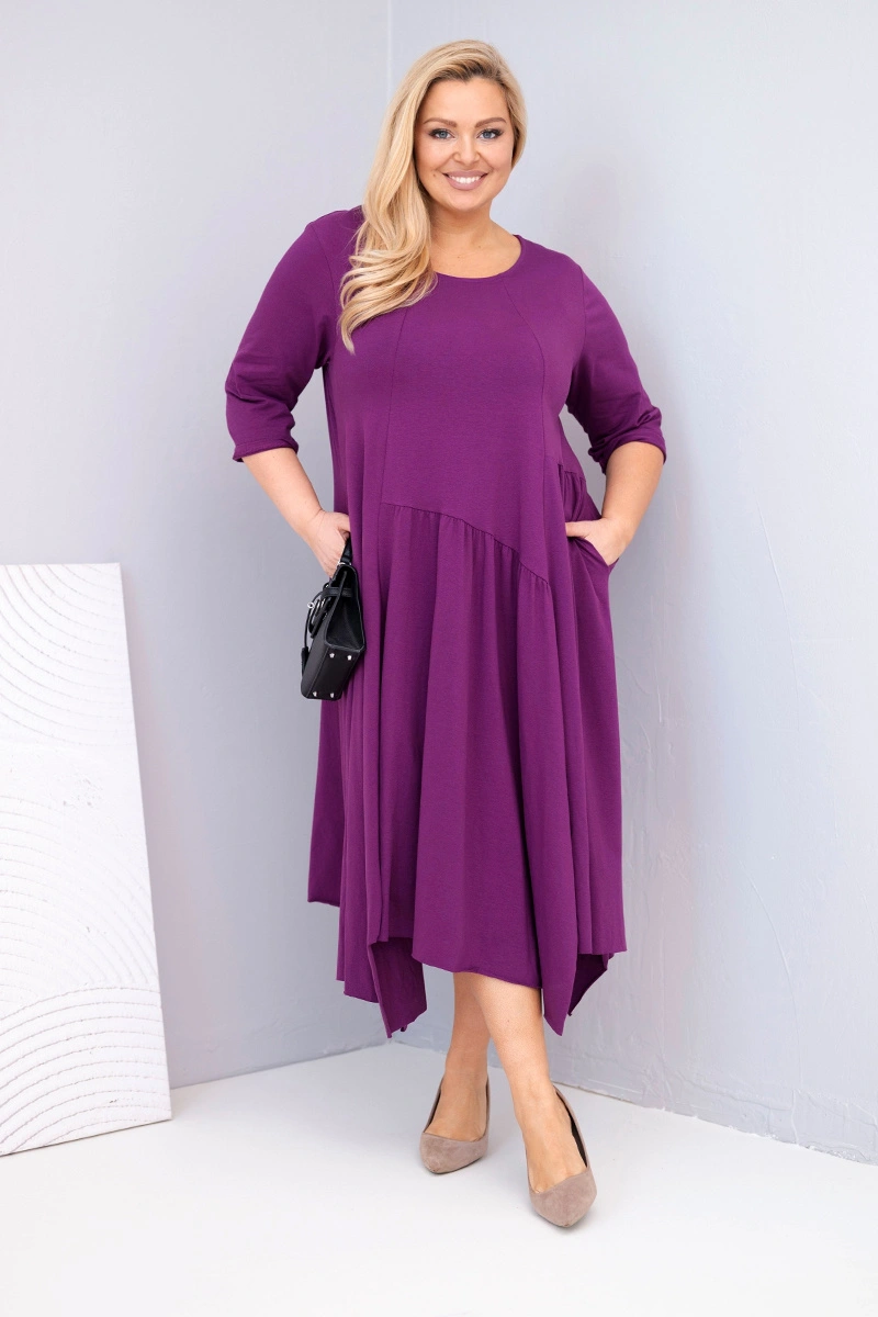 Sukienka damska bawełniana Plus Size z asymetrycznym dołem ciemno fioletowa