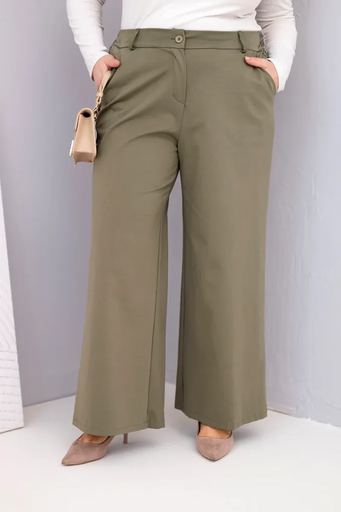 Spodnie damskie Plus Size z szeroką nogawką i wysokim stanem khaki
