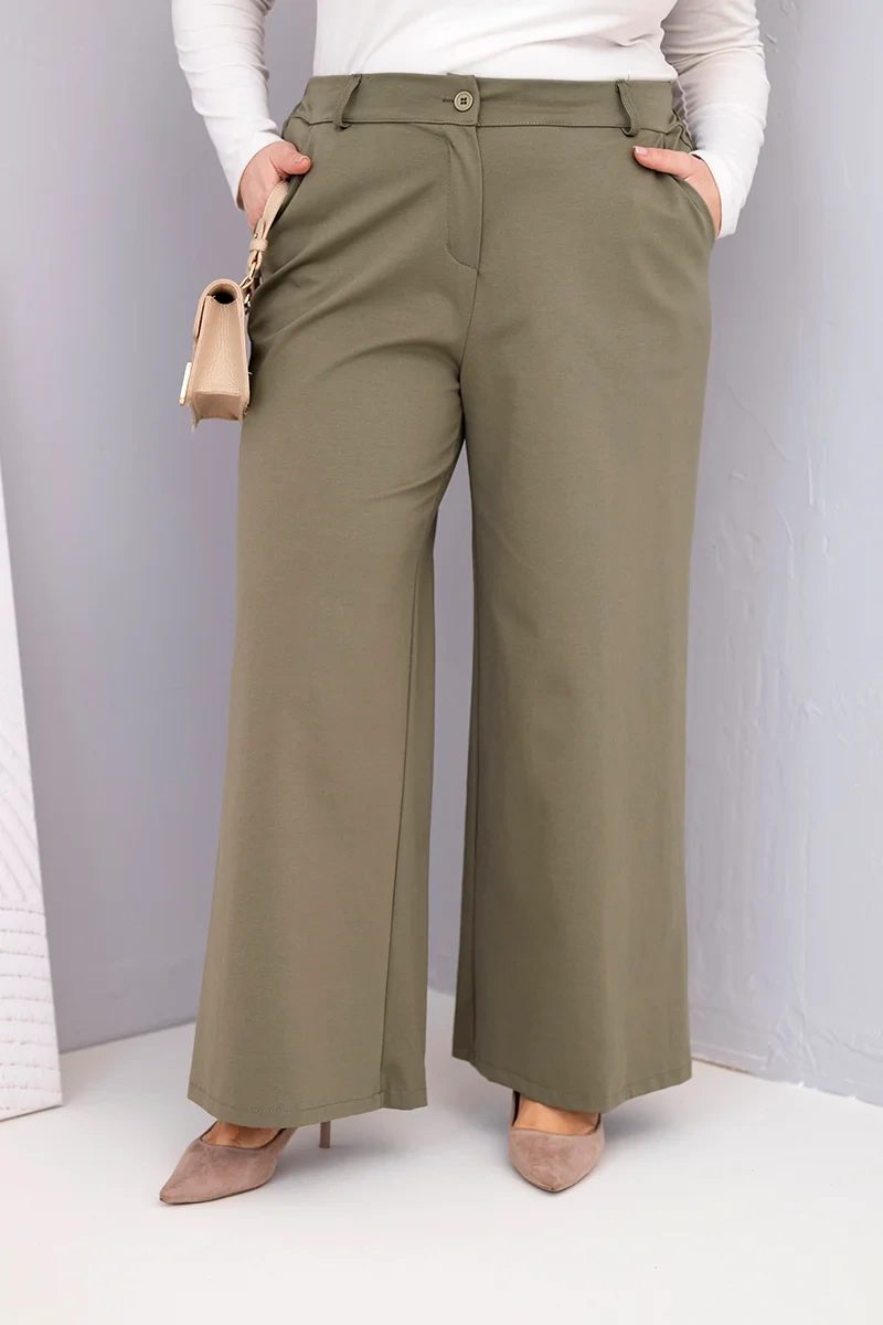 Spodnie damskie Plus Size z szeroką nogawką i wysokim stanem khaki