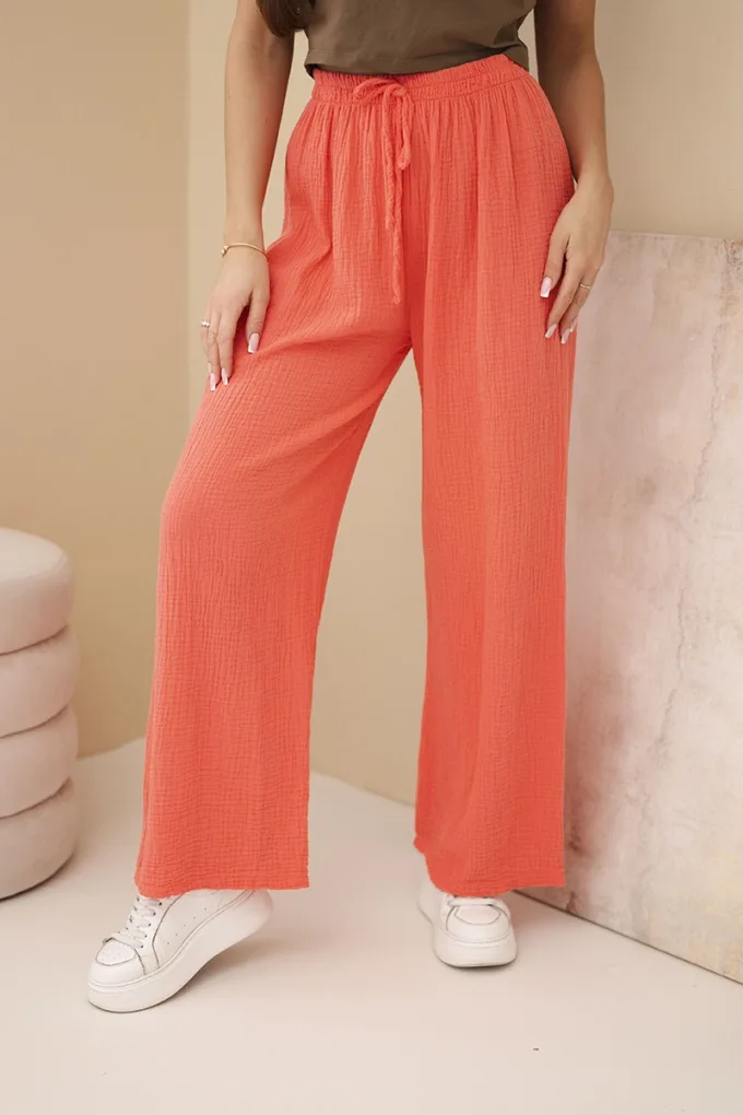 Spodnie muślinowe z szeroką nogawką malinowe