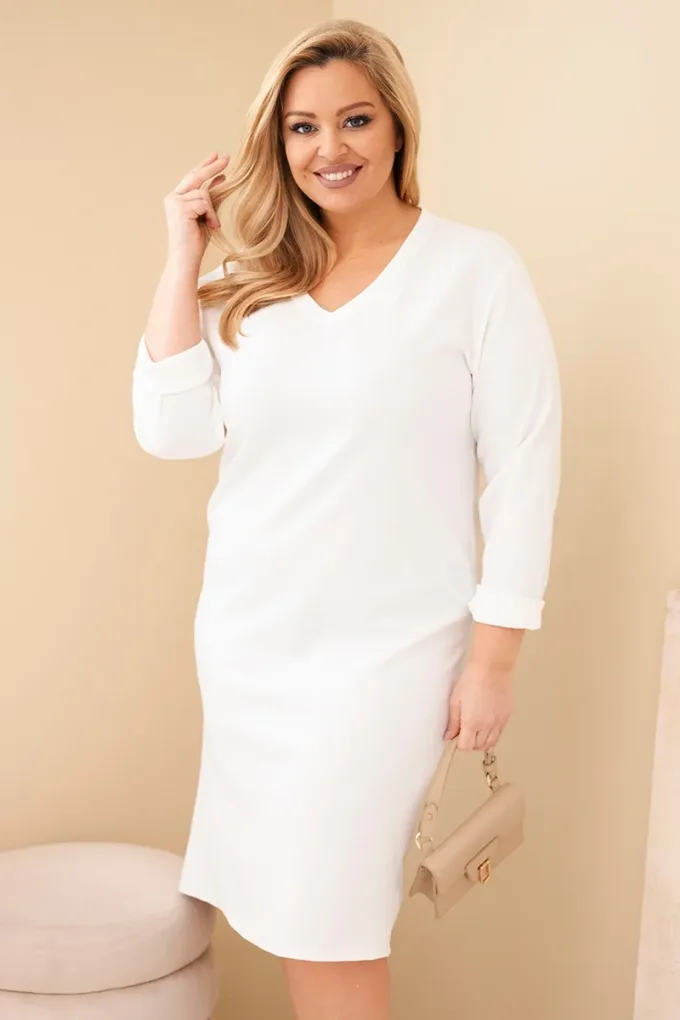 Sukienka damska Plus Size masełkowa z dekoltem V i rękawem biała