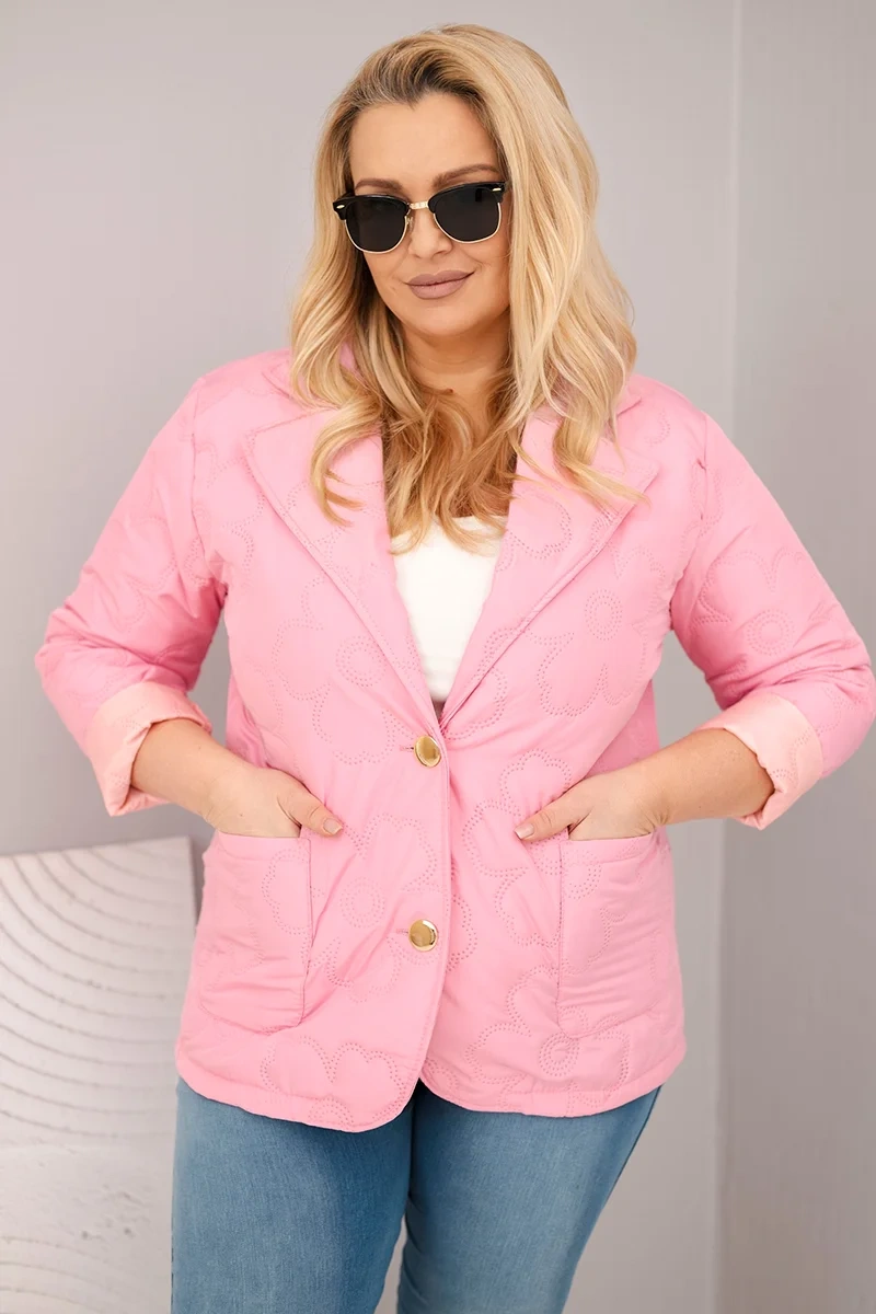 Kurtka damska Plus Size pikowana w kwiaty z kołnierzem i kieszeniami jasno różowa