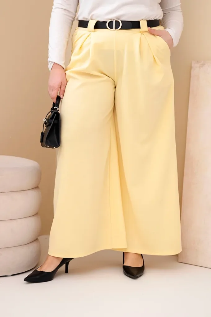 Spodnie damskie Plus Size wiskozowe z szeroką nogawką i paskiem żółte