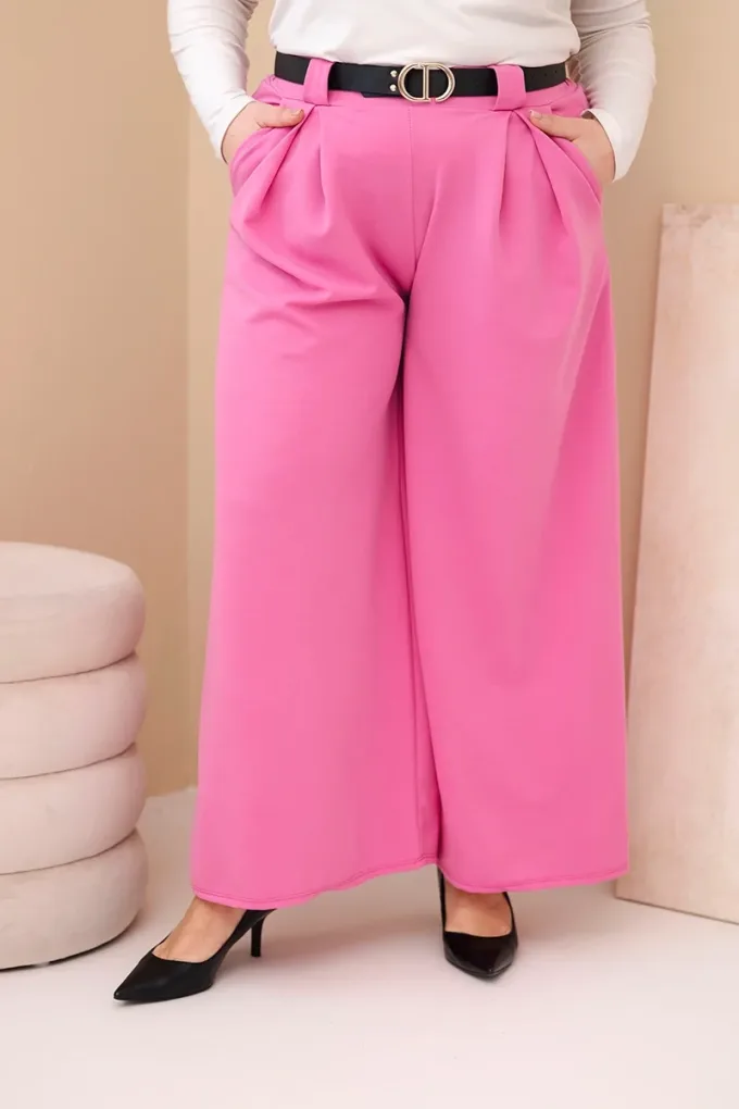 Spodnie damskie Plus Size wiskozowe z szeroką nogawką i paskiem różowe