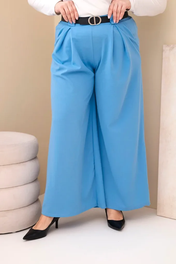 Spodnie damskie Plus Size wiskozowe z szeroką nogawką i paskiem niebieskie