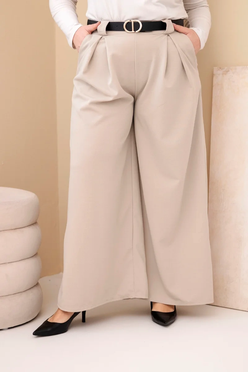 Spodnie damskie Plus Size wiskozowe z szeroką nogawką i paskiem beżowe
