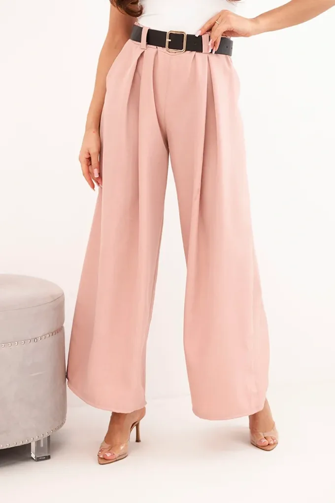 Spodnie damskie z szeroką nogawką i paskiem ciemny pudrowy róż