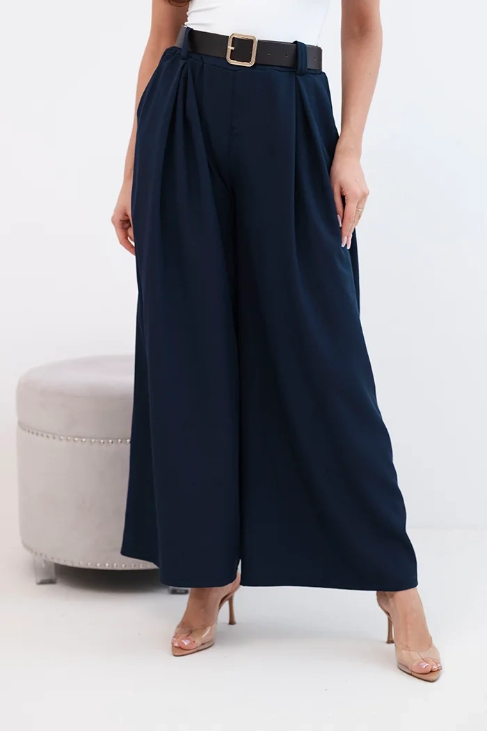 Spodnie damskie z szeroką nogawką i paskiem granatowe