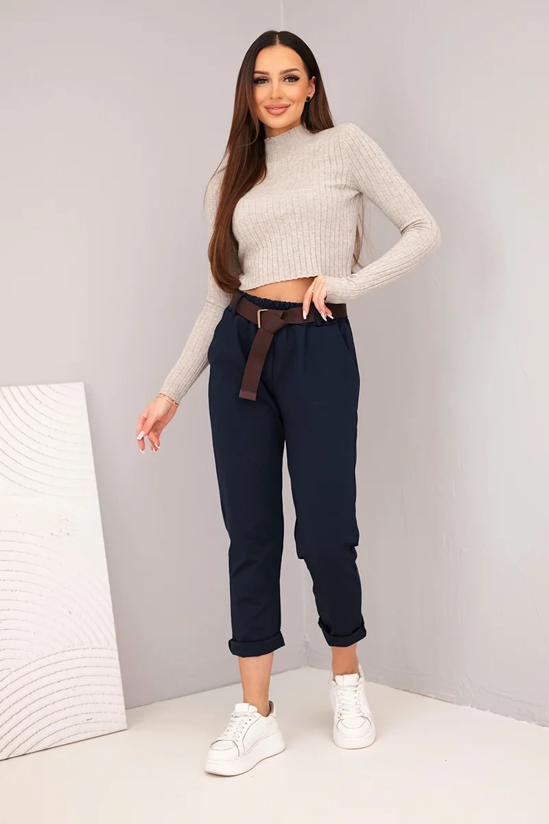 Spodnie damskie bawełniane z paskiem i podwijaną nogawką granatowe