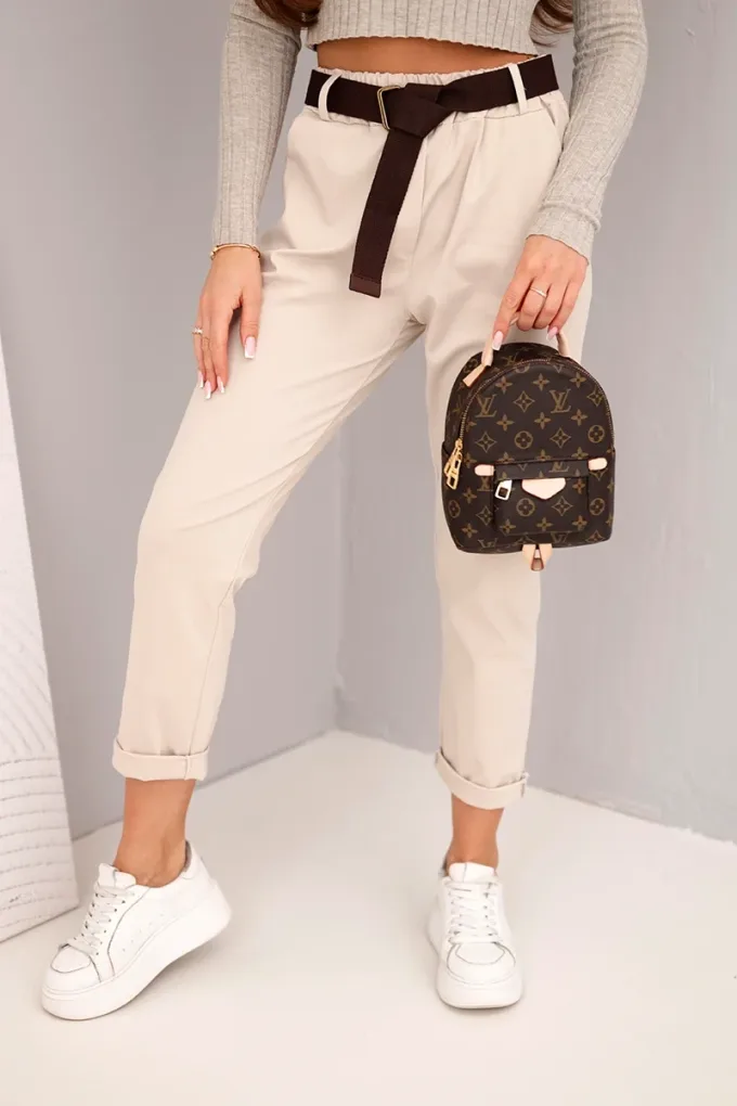 Spodnie damskie bawełniane z paskiem i podwijaną nogawką beżowe