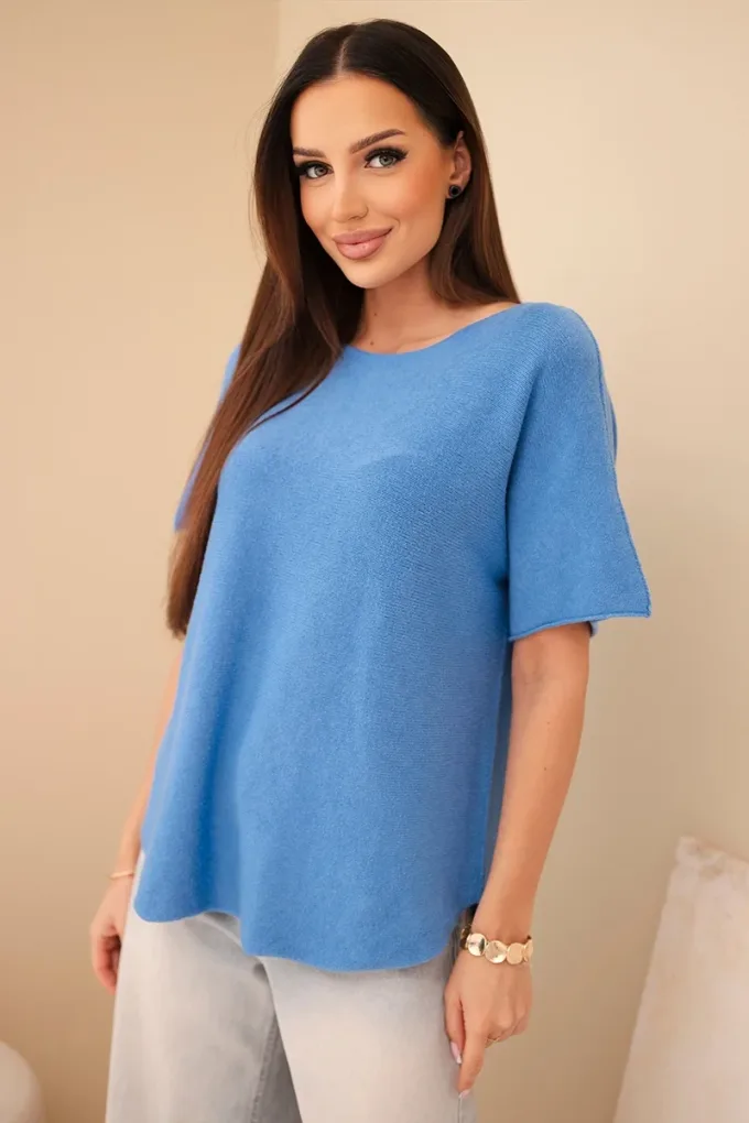 Sweter damski z krótkim rękawem o luźnym kroju niebieski