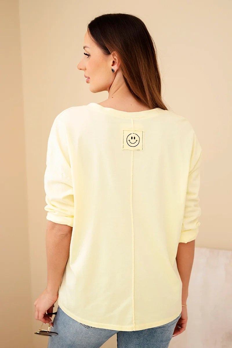 Bluzka damska bawełniana z dekoltem V z długim rękawem żółta - obrazek 2