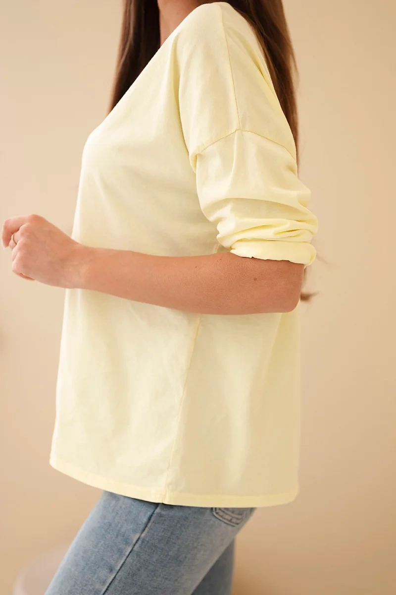 Bluzka damska bawełniana z dekoltem V z długim rękawem żółta - obrazek 4