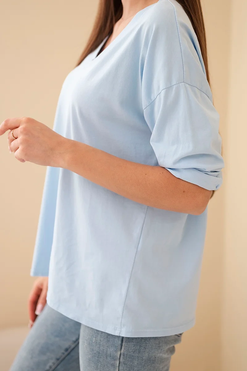 Bluzka damska bawełniana z dekoltem V z długim rękawem niebieska - obrazek 3