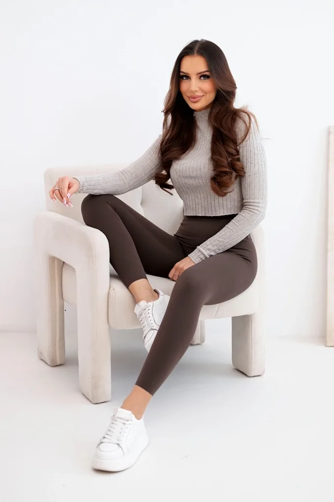 Legginsy damskie z wysokim stanem i elastycznym pasem brązowe