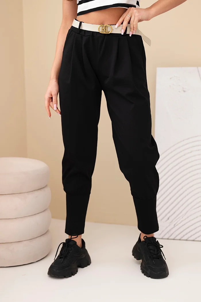 Spodnie damskie bawełniane z wysokim stanem i paskiem czarne