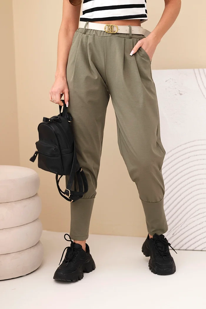 Spodnie damskie bawełniane z wysokim stanem i paskiem khaki
