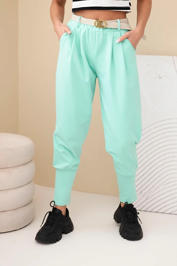 Spodnie damskie bawełniane z wysokim stanem i paskiem miętowe