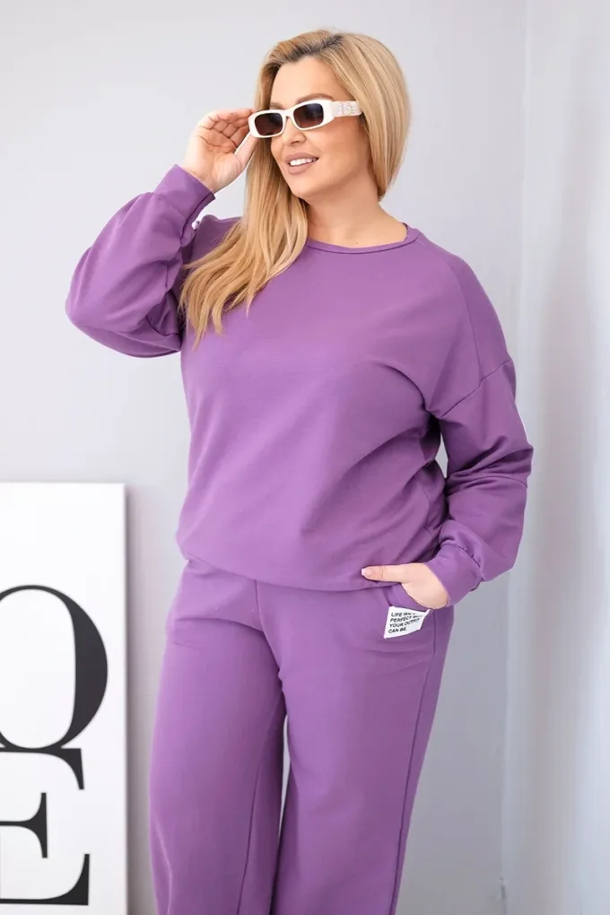 Komplet damski Plus Size bawełniany z luźną bluzą i spodniami z szeroką nogawką fioletowy