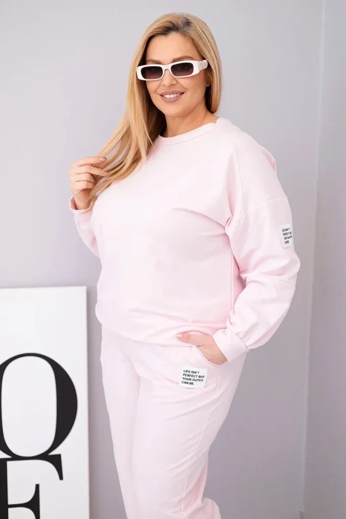 Komplet damski Plus Size bawełniany z luźną bluzą i spodniami z szeroką nogawką cukierkowy róż