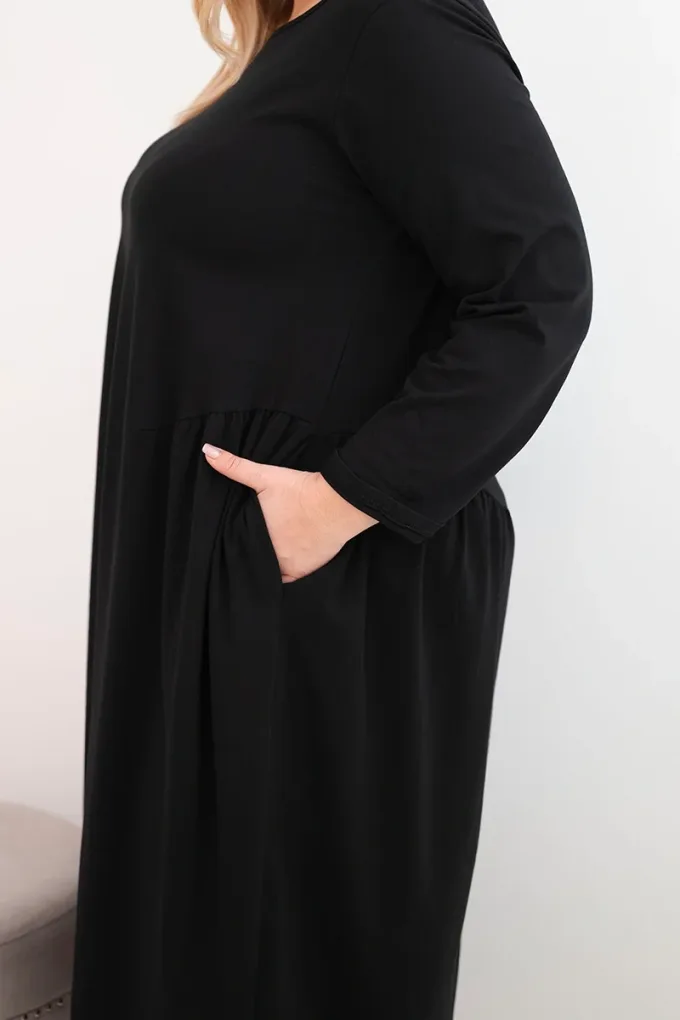 Sukienka damska Plus Size bawełniana z długim rękawem i marszczeniem w talii czarna