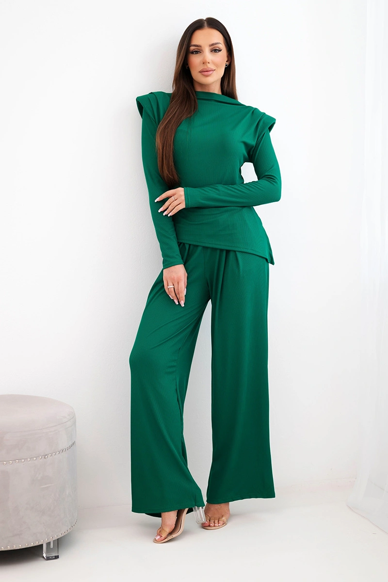 Komplet damski bawełniany z bluzką i spodniami z szeroką nogawką zielony