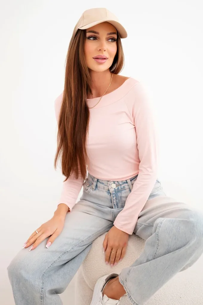 Bluzka damska wiskozowa z szerokim dekoltem i długim rękawem pudrowy róż